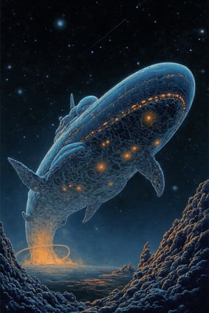 retro sci style illustration, giant spaceship floating through space. The spaceship is shaped like a giant whale. The ship's surface has glowing holographic outlines. Background has traces of a desolate galaxy