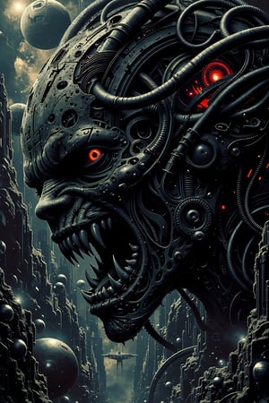 Digital representation of an aggressive, fractal transfluctent entity with luminous red eyes and keen fangs, against a turbulent environment of irregular platforms and a glowing-red satellite. The entity's facial features play with a dramatic contrast ethereal colors, emphasizing its fearsome nature.