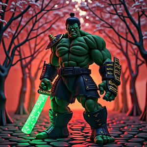 The Hulk wearing a gold and red japanese samurai armor holding a giant green glowing Katana , japanese cherry blossom garten at night, red glowing light, cinematic, end boss scenery, FredFraiStyle