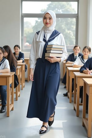 adelliahalim with white hijab is a ((hourglass body) Asian schoolgirl, wearing a tight ((slim-fit seifuku uniform)) with ((sailor_tie:1.0)) and navy (maxi skirt). she ((sexy)) strolls through a bustling modern classroom on a bright school day. The room is filled with sunlight streaming through large windows, casting soft shadows on the wooden desks. She carries a stack of colorfull books, her expression calm and focused. The composition captures her from the waist up, with a few classmates in the background, mid-action, adding a sense of movement and activity.