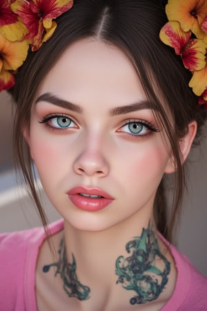 Hyperrealism, extreme close-up Portrait of a cute, beautiful, stunning unique young female character. She has large turquoise eyes filled with joy and excitement, extravagant eyelashes, making this image a masterpiece of photography and digital art. Style: realistic hyper-detailed rendering, 32k UHD, expressive eyes, punk, graphic design, pink hibiscus tattoo, girl's face, side view, pretty and cute, gleaming lips, white skin, telling a tale of adventure. Exuding confidence and serenity. Vibrant tattoos adorn her sun-kissed skin