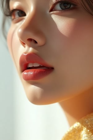 An extreme close-up portrait of a beautiful Thai woman, her skin illuminated by a soft, bright white light that casts pure, clean reflections. The fine gold textures in her clothing stand out against the white tone, creating a striking contrast. From the side, her lips appear soft and plump, partially revealing perfect teeth, while her serene expression is highlighted by the white glow. The overall scene is fresh and radiant, with the gold details shimmering against the brightness. 