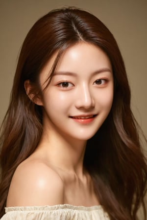 masterpiece, best quality, photorealistic, raw photo, 1girl, long hair, blouse, light smile, detailed skin, pore, off_shoulder, low key, goyoonjung