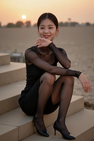 masterpiece, photorealistic, raw photo, Best quality, 8K, full body portrait, front body view, long shot, low angle, sunset time, delicate face without makeup, Korean, Japanese, small stature and slim figure, short hair, wear see-through blouse and pleated miniskirt, 30 denier black pantyhose, patent pumps, sitting on stair and rest chin on, smiling at viewer,makinaflux_seolinah_v1.0