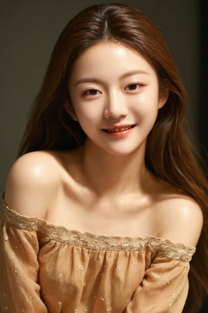 masterpiece, best quality, photorealistic, raw photo, 1girl, long hair, blouse, light smile, detailed skin, pore, off_shoulder, low key, goyoonjung