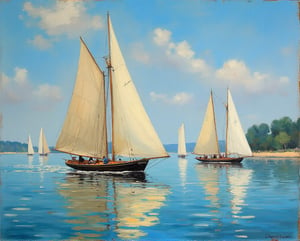 "A fine art oil painting, masterpiece, ultra-high resolution, sharp focus, crystal clear, vivid, high clarity, defined edges, ultra-sharp textures, subsurface scattering. The painting is rendered in ultra-high definition, with sharp textures and defined edges. The image is crystal clear and vivid, emphasizing crisp brush strokes throughout the scene. Subsurface scattering is used to enhance realism, adding depth to the textures, and the entire composition is meticulously focused on achieving ultra-sharp textures and visual clarity.", "a fine art oil painting", "claude monet, impressionism, regattas at argenteuil"