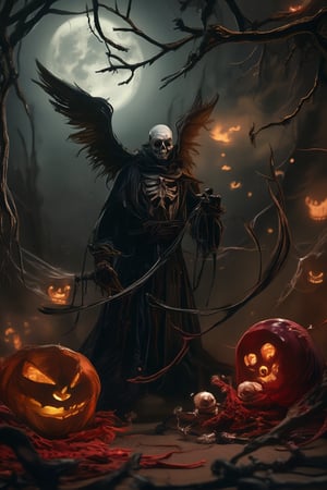 A grotesque fairytale scene featuring Th angle of death, AZUREAL,  in a fantastical candy world with a Halloween theme. Theangle of deat, AZUREAL, is dressed in tattered, dark ROBE, angel wings with eerie skull expressions. Ho;ding a scythe The scene is framed in a medium shot, with a mix of soft and harsh lighting, casting spooky shadows. The composition is surreal, with oversized candy elements like lollipops and gumdrops, combined with Halloween motifs like jack-o'-lanterns and cobwebs. The location is a nightmarish Candyland, blending the whimsical with the macabre.,assassinkahb style