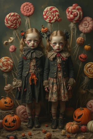 A grotesque fairytale scene featuring twin girls in a fantastical candy world with a Halloween theme. The twin girls are dressed in tattered, dark clothing with eerie expressions. The scene is framed in a medium shot, with a mix of soft and harsh lighting, casting spooky shadows. The composition is surreal, with oversized candy elements like lollipops and gumdrops, combined with Halloween motifs like jack-o'-lanterns and cobwebs. The location is a nightmarish Candyland, blending the whimsical with the macabre.