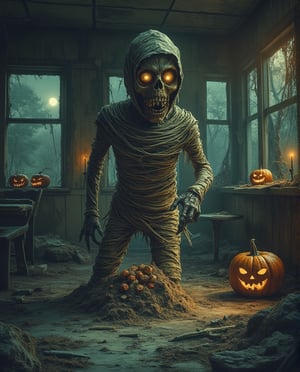 A spooky art drawing of a mummy holding a bag full of Halloween candy, lurking eerily in a dark, abandoned McDonald's. The mummy form is dry and rotted, with glowing eyes and a haunting expression. The mcdonalds is filled with cobwebs and broken furniture, Jack-o-lanterns, creating a chilling atmosphere. The mummy is framed coming from the earth with the mansion's decaying interior visible through its transparent body. The lighting is dim, with only faint moonlight streaming through broken windows, enhancing the spooky mood.