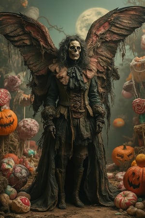 A grotesque fairytale scene featuring Th angle of deat, AZUREAL,  in a fantastical candy world with a Halloween theme. Theangle of deat, AZUREAL, is dressed in tattered, dark ROBE, angel wings with eerie skull expressions. The scene is framed in a medium shot, with a mix of soft and harsh lighting, casting spooky shadows. The composition is surreal, with oversized candy elements like lollipops and gumdrops, combined with Halloween motifs like jack-o'-lanterns and cobwebs. The location is a nightmarish Candyland, blending the whimsical with the macabre.  