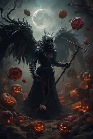 A grotesque fairytale scene featuring Th angle of death, AZUREAL,  in a fantastical candy world with a Halloween theme. Theangle of deat, AZUREAL, is dressed in tattered, dark ROBE, angel wings with eerie skull expressions. Ho;ding a scythe The scene is framed in a medium shot, with a mix of soft and harsh lighting, casting spooky shadows. The composition is surreal, with oversized candy elements like lollipops and gumdrops, combined with Halloween motifs like jack-o'-lanterns and cobwebs. The location is a nightmarish Candyland, blending the whimsical with the macabre.,assassinkahb style