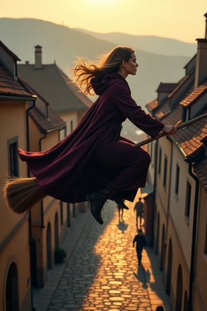 A woman in a flowing witch's robe, riding a broomstick mid-air, soaring over an old town with cobblestone streets and medieval architecture. The scene is bathed in the warm glow of the setting sun, casting long shadows. The woman's hair flows behind her, and she holds the broomstick with both hands, looking determined. The town below is bustling with life, with people going about their day. The composition is dynamic, capturing the motion and height of the flying witch.