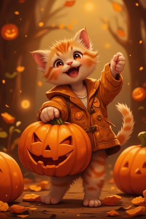 an adorable little Halloween baby cat, joyfully carrying a Halloween pumpkin. Envision a perfect Halloween theme background that enhances the cuteness of the scene. Request a super cute and enchanting image that captures the magic of Halloween with this lovable character,Leonardo Style