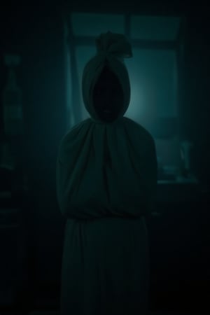 A pocong stand in the kitchen at night,dark,creepy vibes,eerie