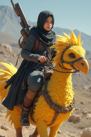 A Muslim women  holding a weapon wearing moderate clothes ride on Chocobo,futurustic,electra 