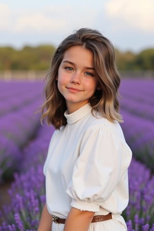 

A girl wearing white blouse standing in the middle of lavender farm 