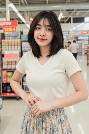 Soft, photography, portrait, film,A photograph of a young woman ,woman is wearing a t shirt and Pleated skirt,smile happy,in  super store, full body, pose 