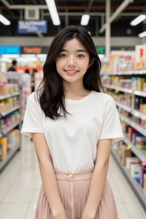 Soft, photography, portrait, film,A photograph of a young woman ,woman is wearing a t shirt and Pleated skirt,smile happy,in  super store, full body, pose 