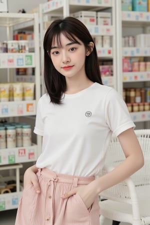 Soft, photography, portrait, film,A photograph of a young woman ,woman is wearing a t shirt and Pleated skirt,smile happy,in  super store, full body, pose 