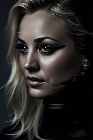 Kaley Cuoco's face is covered with glitch effects, blurred in motion, surrounded by black abstract textures, overall atmosphere of mystery and tranquility. , close-up shot, with a high-definition photography style, captured through camera photography, unique artistic effect in the style of digital art --ar 1:2 --personalize yruxpc2 --stylize 750 --v 6. 1 




