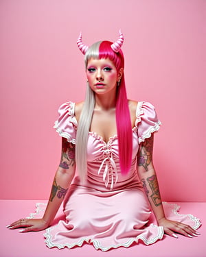 A whimsical full-body shot of a woman sitting down, her striking split-dyed hair (pink and white) cascading around her face as she gazes directly at the viewer. She wears a soft pastel pink shirt underneath a tight ruffled dress adorned with bows and ribbons that match the pink hue. A pair of pink devil horns add a touch of playfulness to her features. The background is a gentle, all-encompassing pink, creating a dreamy atmosphere as she sits comfortably amidst the sea of color.