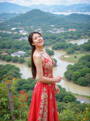 In this enchanting snapshot, a stunning beauty is captured at one of Yunnan's most iconic landmarks. She stands elegantly at the famous Shangri-La, with the serene Pudacuo National Park as her backdrop. Clad in a vibrant traditional Yunnan dress, her grace and poise are only matched by the breathtaking scenery around her. Her radiant smile lights up the frame, reflecting the joy and tranquility of the lush greenery and crystal-clear lakes. The photo is a perfect blend of natural beauty and human elegance, making it a memorable checkpoint in the picturesque landscapes of Yunnan.