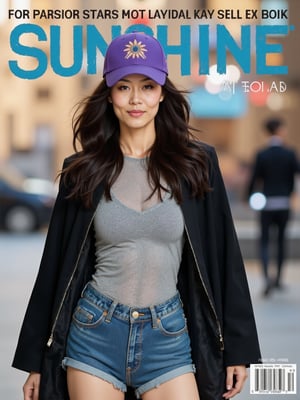 The prominent blue letters at the top of the magazine cover read 'SUNSHINE'.(RAW photo, 4k, realistic, exquisitely detailed skin),masterpiece,best quality,unity 8k wallpaper,ultra detailed,cinematic look,natural skin texture,extremely realistic skin texture,finely detailed face,(film grain:1.2),cinematic angle,Fujifilm XT3,,(highlydetailed),(bright scene)An ad for a magazine features a woman with long dark hair and a purple baseball cap. The woman is wearing a black jacket over a gray shirt and blue jean shorts.
