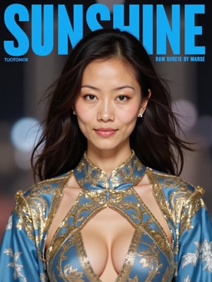 The prominent blue letters at the top of the magazine cover read 'SUNSHINE'.(RAW photo, 4k, realistic, exquisitely detailed skin),masterpiece,best quality,unity 8k wallpaper,ultra detailed,cinematic look,natural skin texture,extremely realistic skin texture,finely detailed face,(film grain:1.2),cinematic angle,Fujifilm XT3,,(highlydetailed),(bright scene), an Asian woman wearing a female low-cut officer uniform