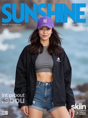 The prominent blue letters at the top of the magazine cover read 'SUNSHINE'.(RAW photo, 4k, realistic, exquisitely detailed skin),masterpiece,best quality,unity 8k wallpaper,ultra detailed,cinematic look,natural skin texture,extremely realistic skin texture,finely detailed face,(film grain:1.2),cinematic angle,Fujifilm XT3,,(highlydetailed),(bright scene)An ad for a magazine features a woman with long dark hair and a purple baseball cap. The woman is wearing a black jacket over a gray shirt and blue jean shorts.
