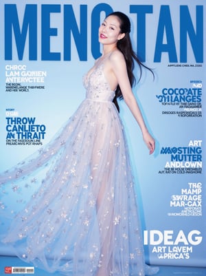 The prominent blue letters at the top of the magazine cover read 'MENG TAN':best quality, masterpiece, cowboy_shot,(Good structure), DSLR Quality,Depth of field,kind smile,looking_at_viewer,Dynamic pose, (ice art, translucent forms, ephemeral beauty, crystalline textures, delicate craftsmanship, chilling allure),sea,wave,liquid clothes,dress, water dress,,pose for picture,long_hair,kind smile,, liquid clothes, , sd mai,
