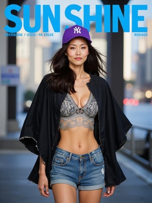 The prominent blue letters at the top of the magazine cover read 'SUNSHINE'.(RAW photo, 4k, realistic, exquisitely detailed skin),masterpiece,best quality,unity 8k wallpaper,ultra detailed,cinematic look,natural skin texture,extremely realistic skin texture,finely detailed face,(film grain:1.2),cinematic angle,Fujifilm XT3,,(highlydetailed),(bright scene)An ad for a magazine features a woman with long dark hair and a purple baseball cap. The woman is wearing a black jacket over a gray shirt and blue jean shorts.
