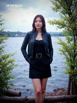 Captured on a digital screen, a woman stands in front of a body of water. She is dressed in a black leather jacket, a black skirt, and a black belt. Her hair is styled in a sleek bob, and her eyes are focused on the camera. The woman's hair is dark brown, and she is wearing a pair of black laces. The backdrop is a cloudy sky, and there is a bridge in the distance. To the left of the woman is a tree with green leaves, and the word "SUNSHINE" is visible in the top left corner of the screen. Below the screen, the words "Weekly Best Dressed" are written in white.