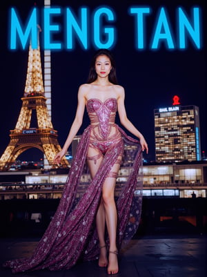 The prominent blue letters at the top of the magazine cover read 'MENG TAN':A futuristic oriental maid with a cyberpunk twist, wearing a high-tech maid uniform inspired by traditional designs. Her outfit features bright neon details and metallic accents, set against the backdrop of a bustling futuristic city. Her calm, yet imposing presence contrasts with the chaotic streets lit by holographic billboards and towering skyscrapers, ek_ph0t0_b00ster
