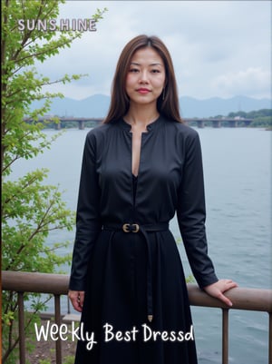 Captured on a digital screen, a woman stands in front of a body of water. She is dressed in a black leather jacket, a black skirt, and a black belt. Her hair is styled in a sleek bob, and her eyes are focused on the camera. The woman's hair is dark brown, and she is wearing a pair of black laces. The backdrop is a cloudy sky, and there is a bridge in the distance. To the left of the woman is a tree with green leaves, and the word "SUNSHINE" is visible in the top left corner of the screen. Below the screen, the words "Weekly Best Dressed" are written in white.