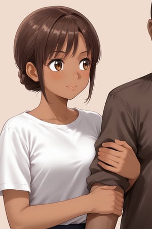 Anime style, 1 girl , arm hug, (brown skin man with shirt) 