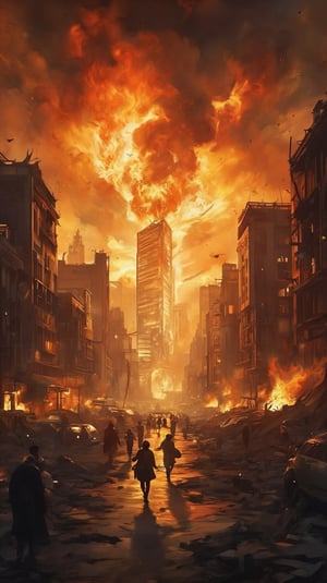 Apocalyptic Armageddon: A dramatic shot of a cityscape in ruins, with towering flames engulfing the skyline as panicked civilians flee for their lives. Burning buildings and charred vehicles litter the streets, amidst the chaos and devastation. In the foreground, people run wildly, some carrying small children or dragging belongings, while others stumble amidst the rubble. The intense orange glow of the inferno illuminates the darkened atmosphere, casting long shadows across the desolate landscape.