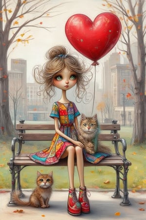 Whimsical illustration of a pretty girl, she is very skinny and tall with long legs and arms, wearing a brightly patchwork red and blue colored dress and platform shoes,
 sitting on a bench, holding a red love shaped ballon, besides her sitting on the bench there is a fluffy Garfield cat very curious to the ballon with a surprised
look , the background is a city park
in autumn time, oil painting, soft textured brushstrokes, 
very muted colors,uhd,Whimsical Kiko,Digital Illustration,