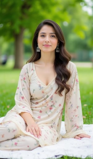 A Pakistani woman sitting on a blanket in a park, wearing a light floral salwar with one leg bent and crossed over the other. Busty, chest cutout, She has long, wavy hair and a calm expression, surrounded by lush green trees and grass. The background is softly blurred, focusing on her relaxed, peaceful presence in nature.
