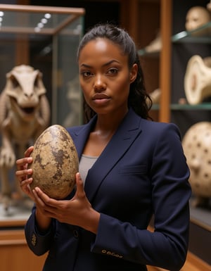 Ebony l4r4cr0ft, exudes professionalism in a sharp navy blue Gucci business suit, standing confidently beside an open glass display case at the Natural History Museum. Her gaze meets the viewer's as she holds a massive fossilized dinosaur egg specimen, her expression a perfect blend of curiosity and fascination. The soft museum lighting casts a warm glow on the surrounding exhibits.