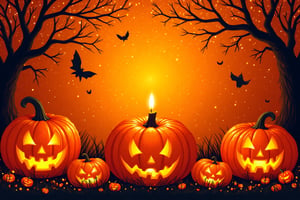 Create a stock illustration that visually symbolizes the idea of pumpkin carving using a color palette inspired by deep oranges and glowing yellows colors, Integrate elements of jack-o'-lanterns and abstract representations of candlelight and spooky faces to convey the concept in a captivating and easily graspable way. Use layered textures and a structured design to subtly suggest depth and importance, emphasizing spatial relationships