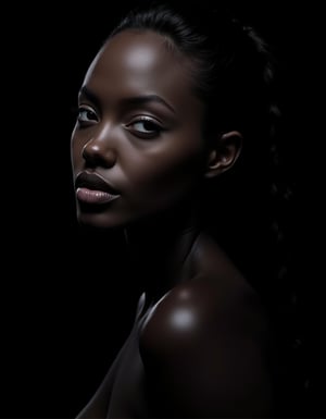 l4r4cr0ft, A majestic portrait of Ebony, set against a dark background, with l4r4cr0ft's intricate details woven throughout her features. Her smooth ebony skin is rendered in high definition, showcasing the subtle contours and crevices of her face. The lighting is dim, emphasizing the depth of her eyes and the delicate curves of her lips.