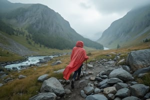 a female hiker in a large long red raincoat is walking through a wide alpine valley covered in boulders in Swedish mountains, it's raining heavily and she is pushing against the rain and strong winds, you can barely see her behind the rain