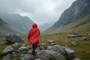 a female hiker in a large long red raincoat is walking through a wide alpine valley covered in boulders in Swedish mountains, it's raining heavily and she is pushing against the rain and strong winds, you can barely see her behind the rain