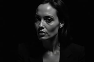 Black and white portrait of Angelina Jolie, dark background, shadow play, soft lighting, cinematic style