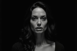 Black and white portrait of Angelina Jolie, dark background, shadow play, soft lighting, cinematic style