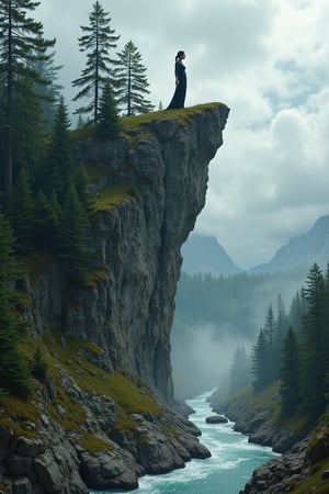 mysterious woman is made ENTIRELY of cliffs/stone/pine trees/river/clouds, surreal, crumbling, alpine, evocative expression, woman is almost imperceptible within the background,, optical illusion, rich textures,, exquisitely surreal composition, mist + gorgeous storm clouds, photo bashing with oil painting technique, moody + dramatic natural lighting