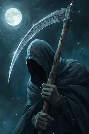 "A close-up of the Grim Reaper’s scythe, its long, curved blade gleaming under the cold light of the moon. The blade is engraved with ancient, unreadable runes that glow faintly in the night, and the wooden handle is weathered and cracked from centuries of use. Around the blade, the air shimmers with a faint mist, and a cold wind seems to swirl in the background, revealing the edges of the Reaper’s dark cloak. The colors are metallic silvers, cold blues, and deep blacks, with a haunting, ethereal quality, like a ghostly apparition in the dark."