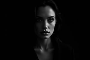 Black and white portrait of Angelina Jolie, dark background, shadow play, soft lighting, cinematic style