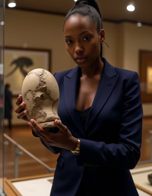 Ebony, l4r4cr0ft, wears an impeccable navy blue Gucci business suit. She stands before a open glass display case at the Natural History Museum, holding a ancient large fosilized dinosaur egg specimen in her hand while looking at the viewer. 