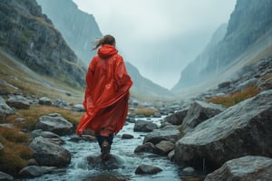 a female hiker in a large long red raincoat is walking through a wide alpine valley covered in boulders in Swedish mountains, it's raining heavily and she is pushing against the rain and strong winds, you can barely see her behind the rain